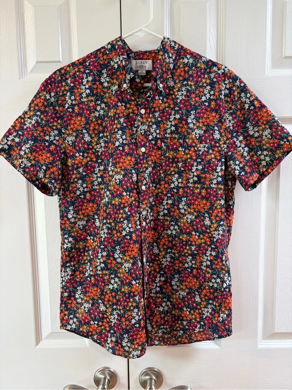 J. Crew Made with Liberty Fabric Navy Floral Short Sleeve Button Up Shirt Size M